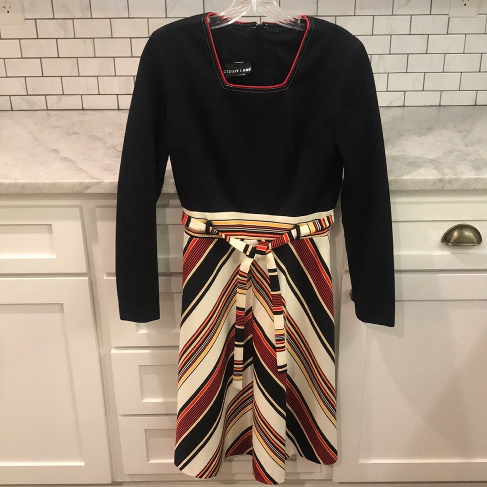 Vintage Strait Line Dress Womens 10 Black Multicolor Knit Belted A Line Retro 80